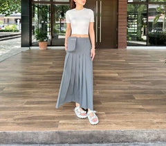 Selene Pleated Skirt w/ Belt in Dark Grey