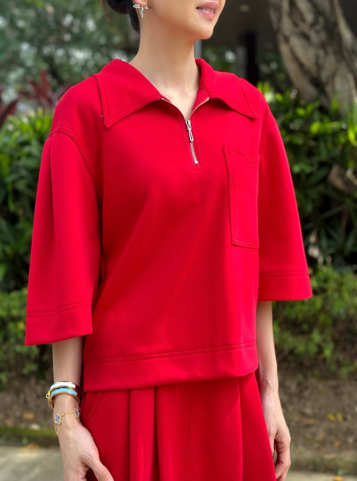 Tammy Zip Collared Top in Red