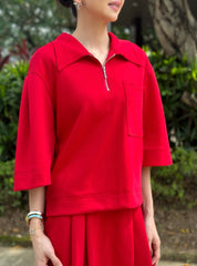 Tammy Zip Collared Top in Red