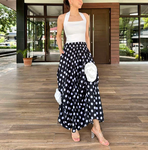 Ivory Pleated Skirt in Black polka