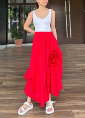 Ivory Pleated Skirt in Red