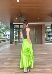 Ivory Pleated Skirt in Bright green