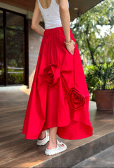 Ivory Pleated Skirt in Red