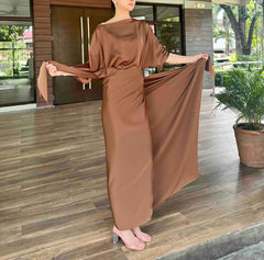 Charlotte Satin Wrap Dress in Dark Brown