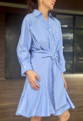 Kaeli Long Sleeve Button Down Dress in Blue